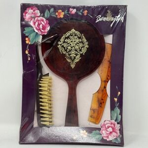 Bennington Brush Co 3 Piece Dresser Set Mirror Brush Comb Tortoise Gold Filigree